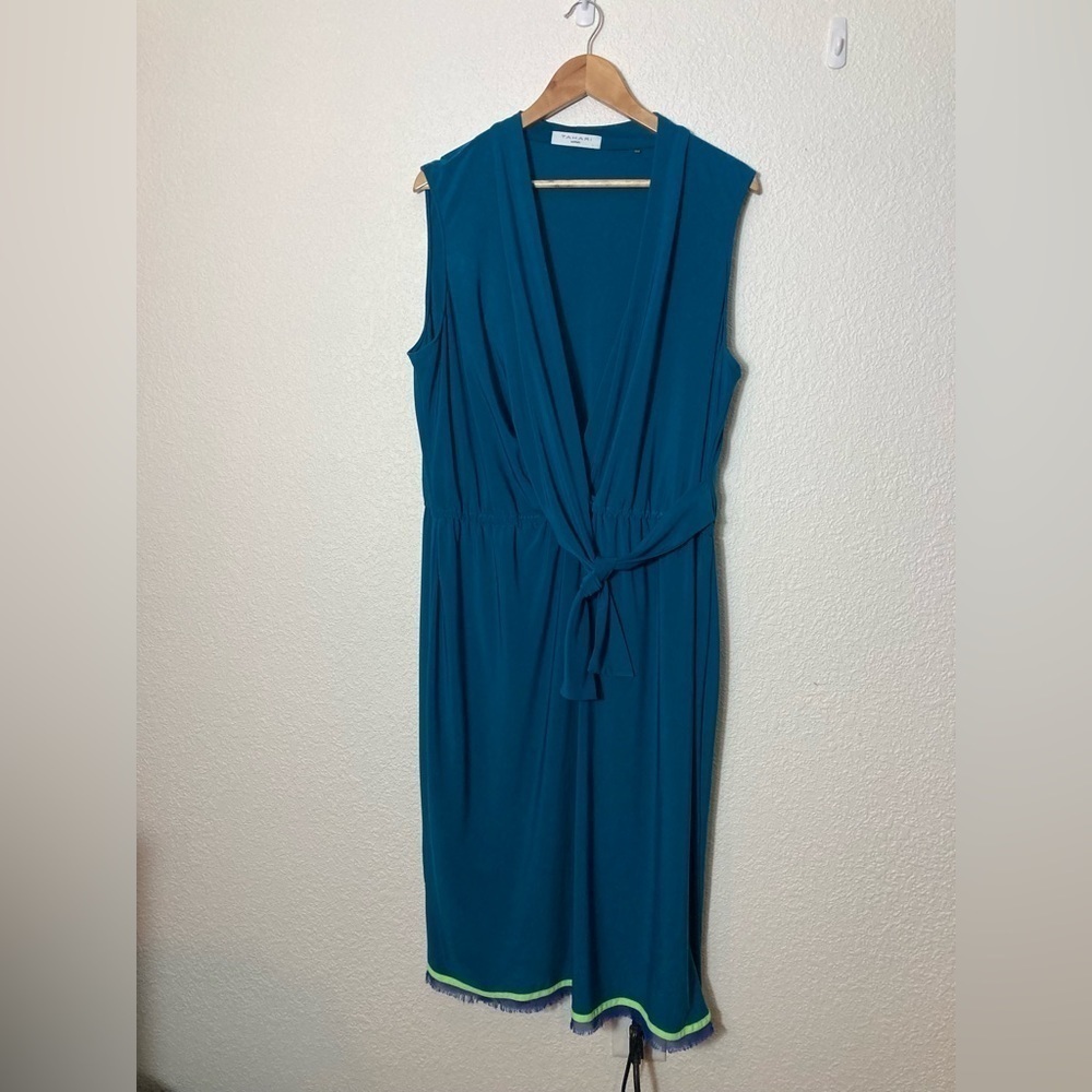 Tahari 1X teal faux wrap maxi dress sleeveless tie bow knot